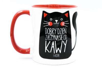 kubek z kotem Dobry dzień zaczyna się od kawy i kota czerwony