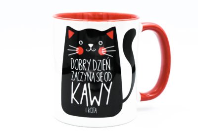 kubek z kotem Dobry dzień zaczyna się od kawy i kota czerwony
