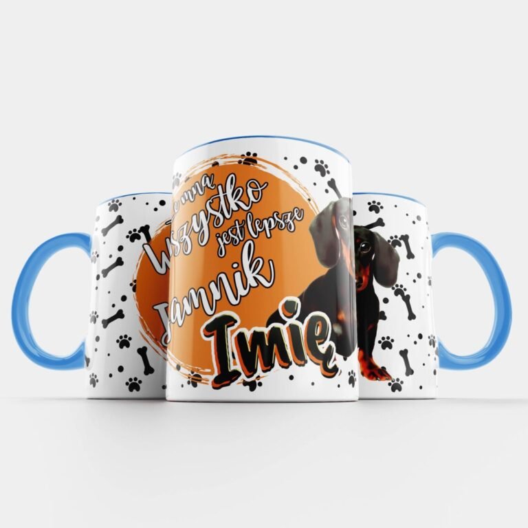 kubek z psem Jamnik niebieski