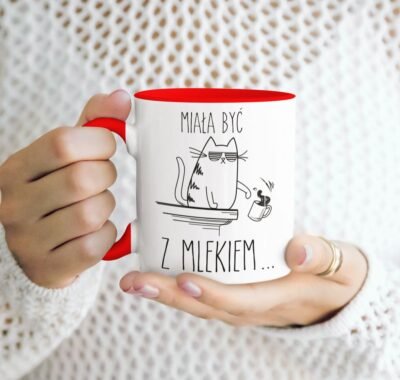kubek z kotem Miała być z mlekiem czerwony