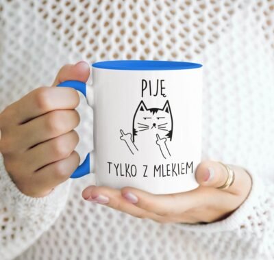kubek z kotem Piję tylko z mlekiem niebieski