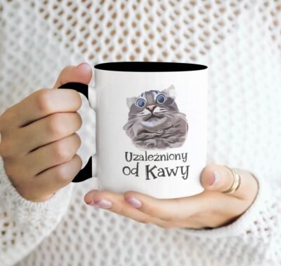 kubek z kotem Uzależniony od kawy czarny