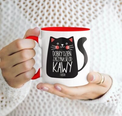 kubek z kotem Dobry dzień zaczyna się od kawy i kota czerwony