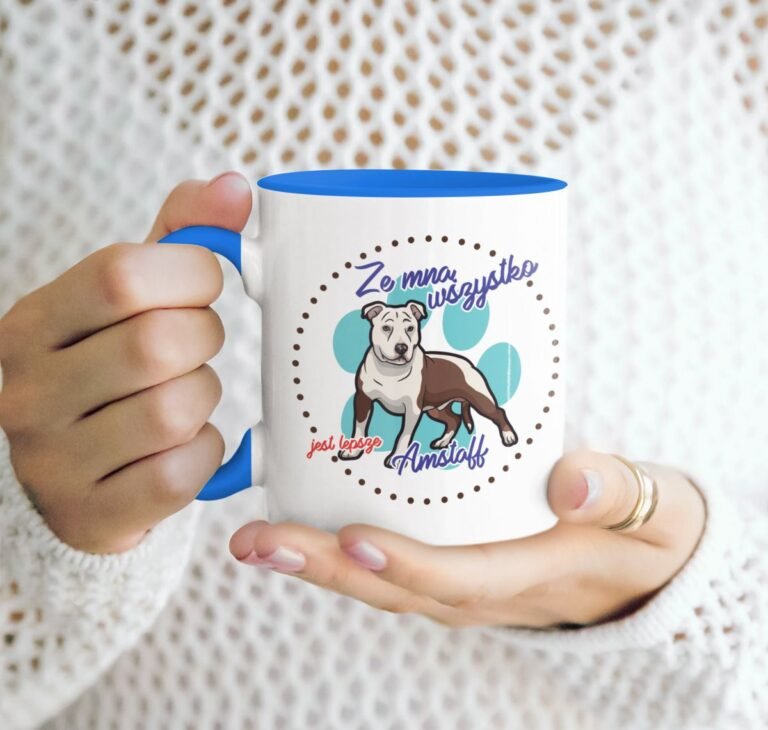 kubek z psem amstaff niebieski