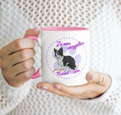 kubek z psem border collie różowy
