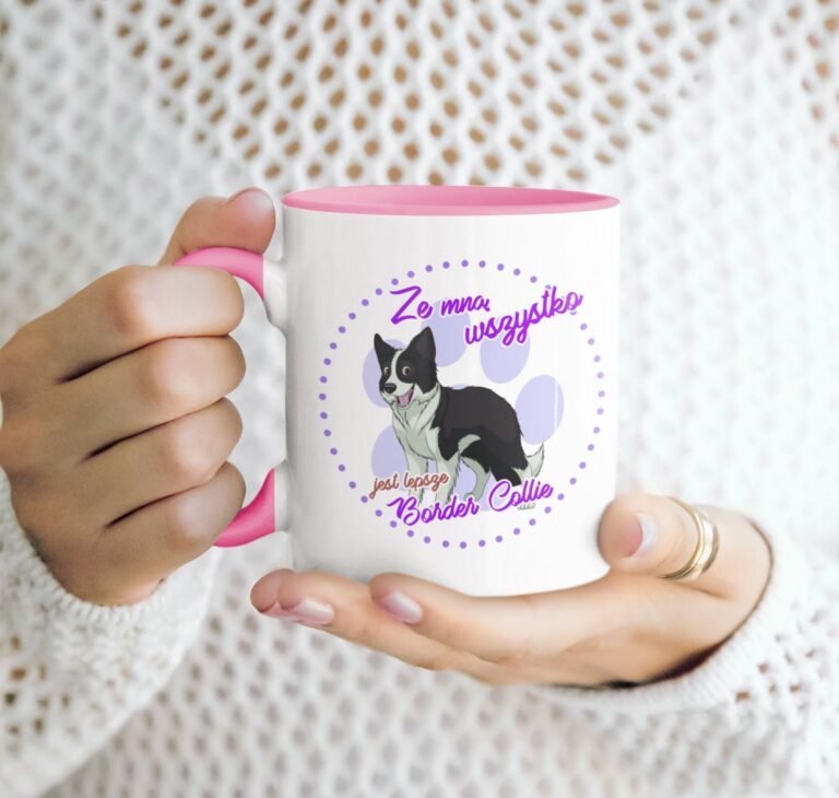 kubek z psem border collie różowy