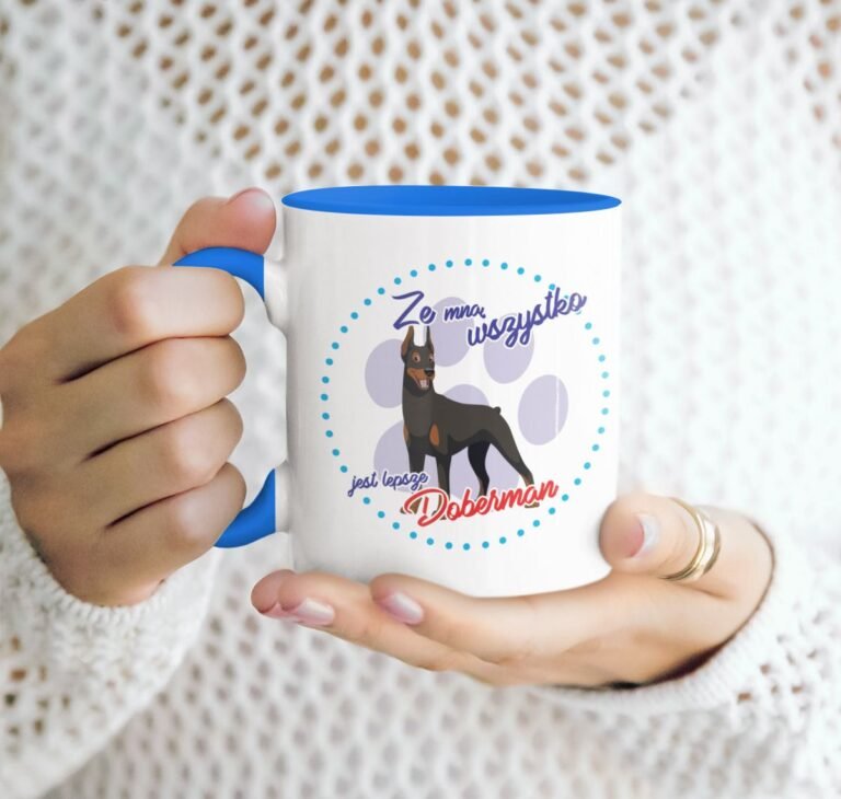 kubek z psem doberman niebieski