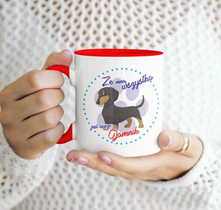 kubek z psem jamnik czerwony