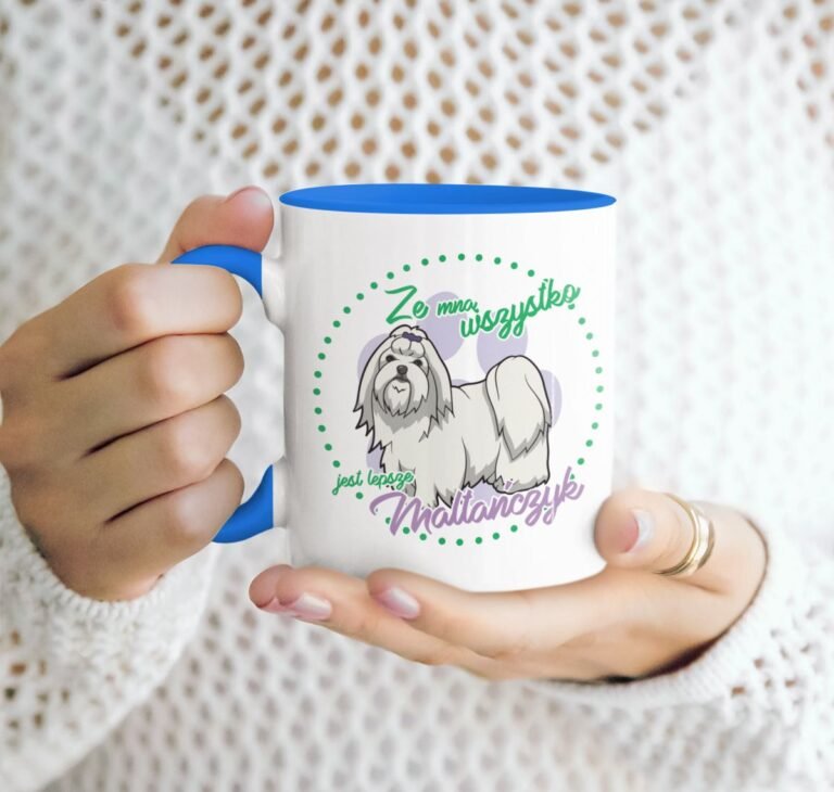 kubek z psem maltańczyk niebieski