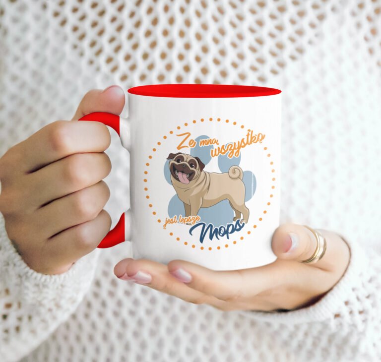 kubek z psem mops czerwony
