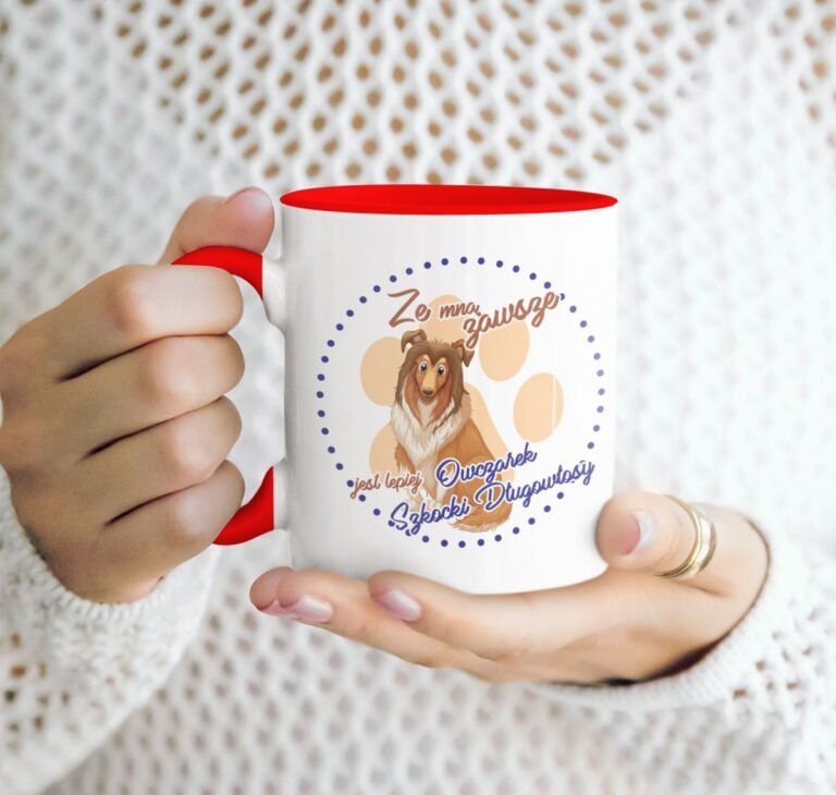 kubek z psem owczarek szkocki długowłosy czerwony