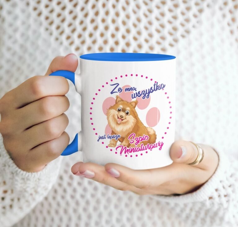 kubek z psem szpic miniaturowy niebieski